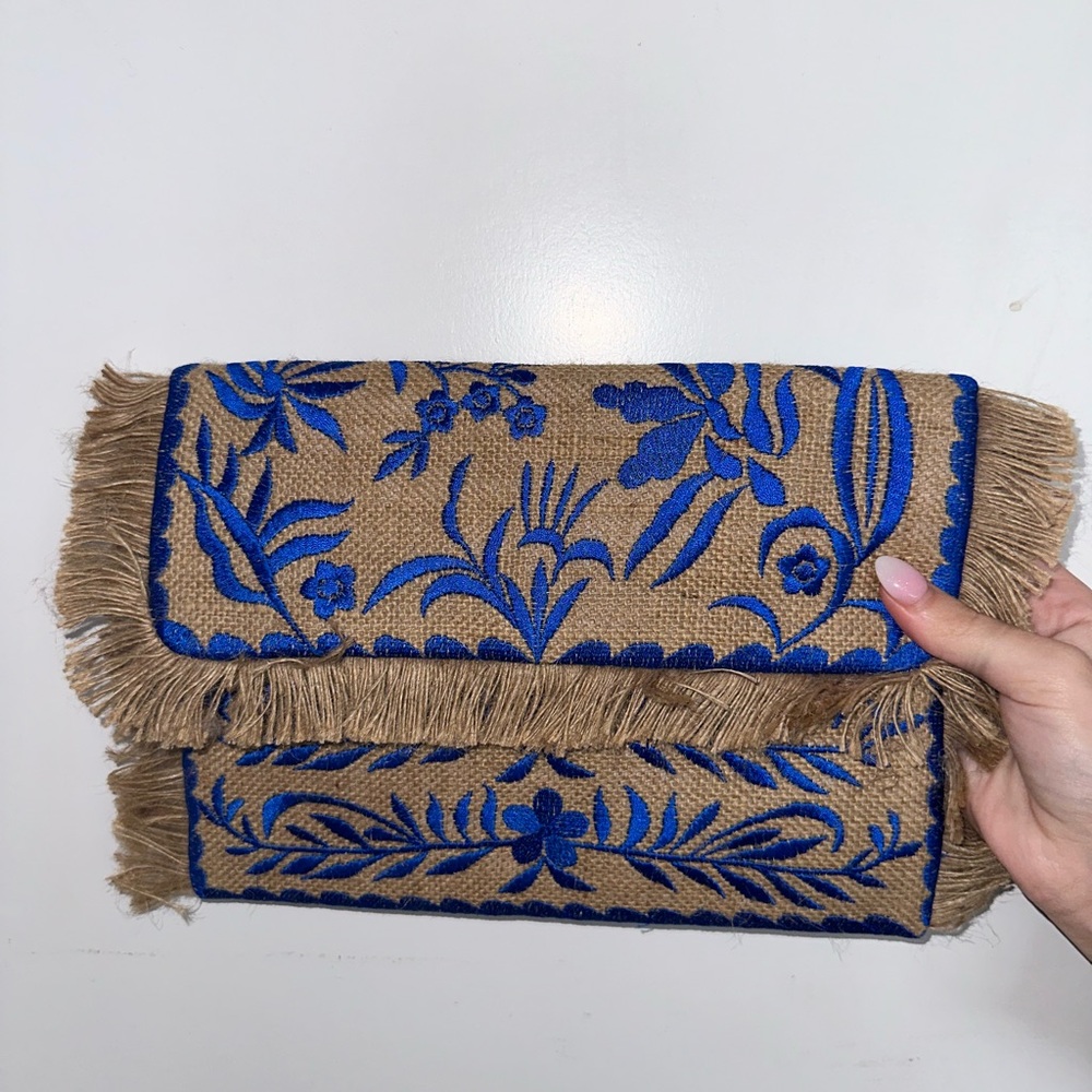Blue and Tan Floral Clutch